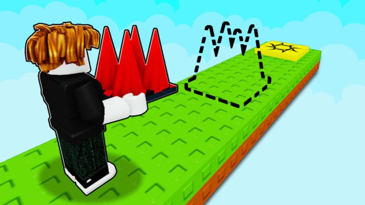 Roblox avatar placing red cones on a green plot in Build a 1 Obby